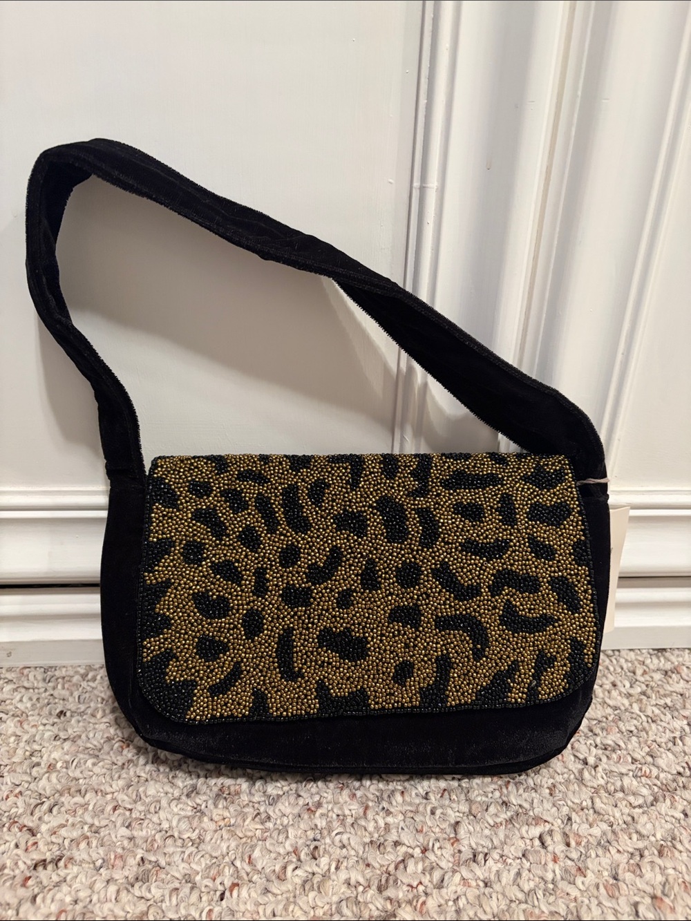 a new day Black Shoulder Bag with Gold Beaded Leopard Flap